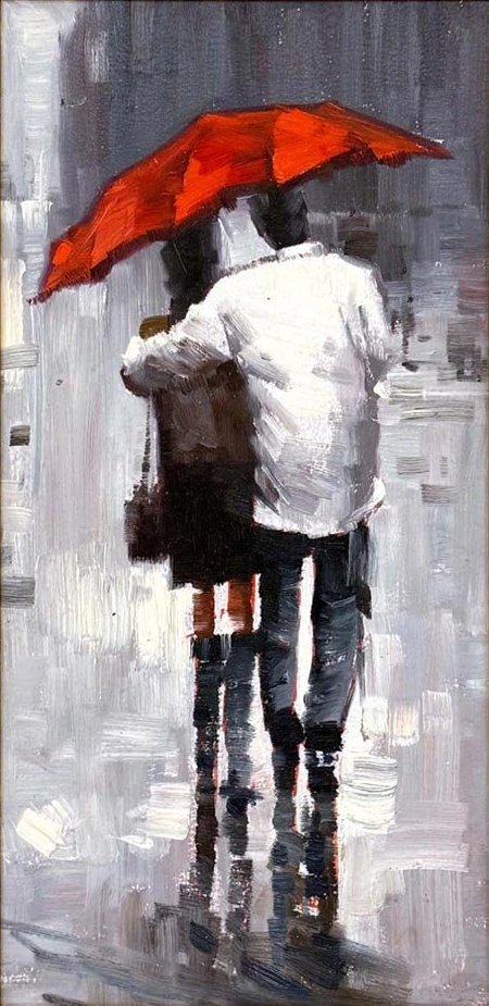 Kırmızı Şemsiyenin Altında Yağlı Boya Tablosu