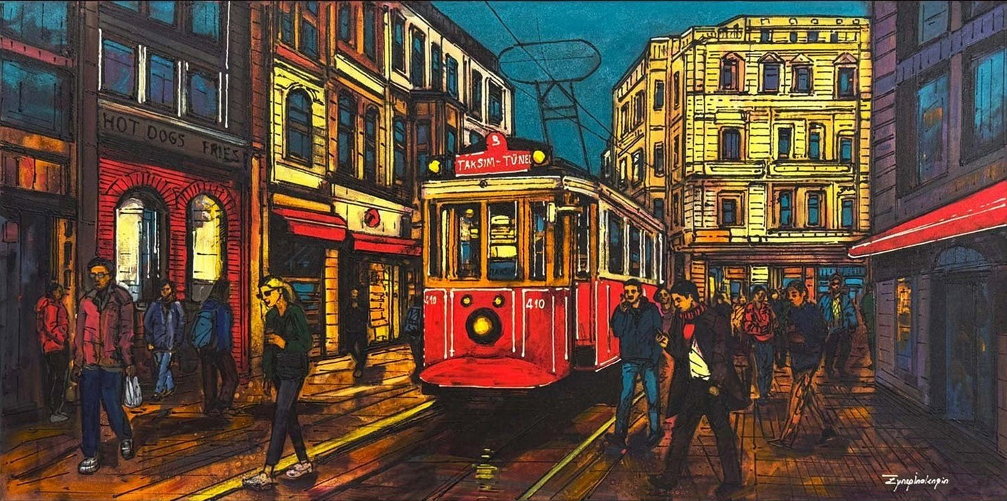 Kırmızı Tramvay ve Hatıralar Yağlı Boya Tablosu