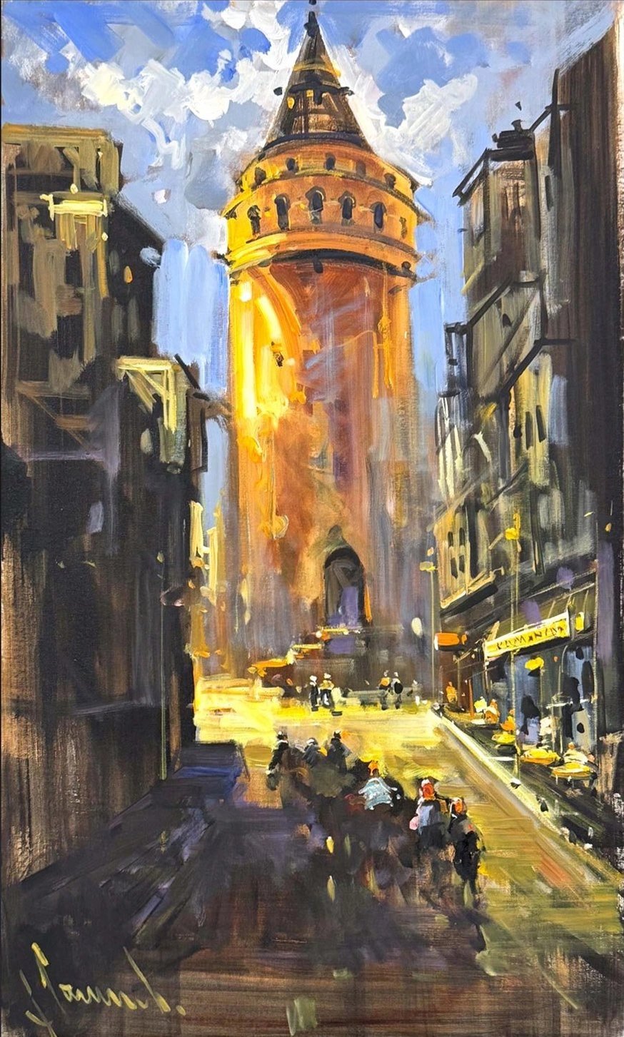 Kulenin Gölgesinde Sokaklar Yağlı Boya Tablosu