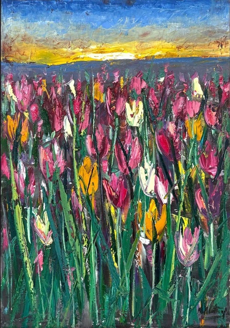 Lale Bahçesinde Sabah Yağlı Boya Tablosu