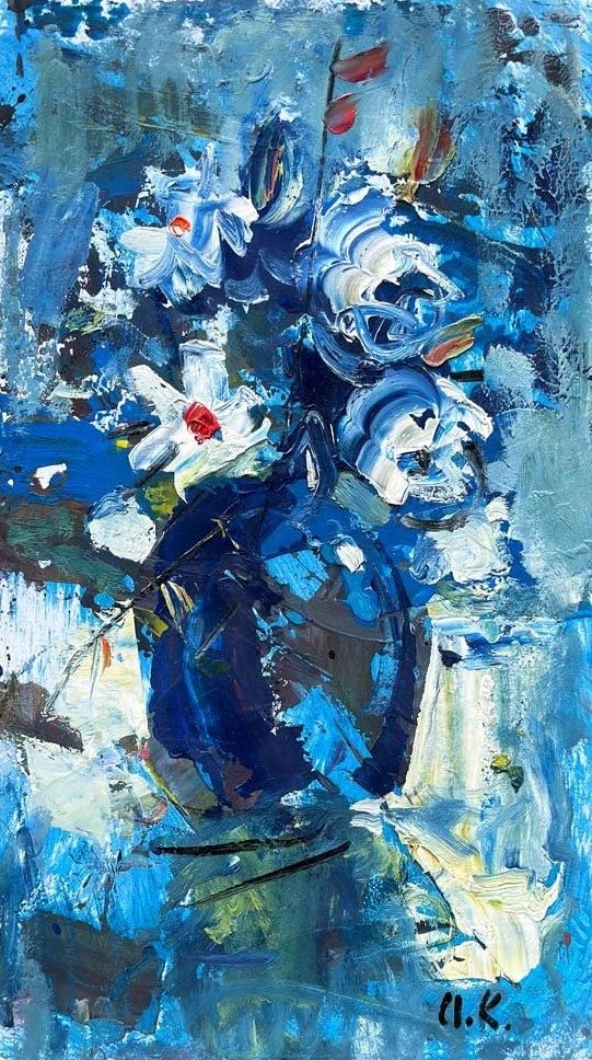 Mavi Vazo Çiçekleri Yağlı Boya Tablosu
