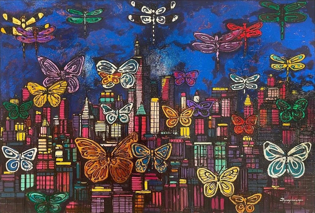 Modern Şehirin Kelebekleri Yağlı Boya Tablosu