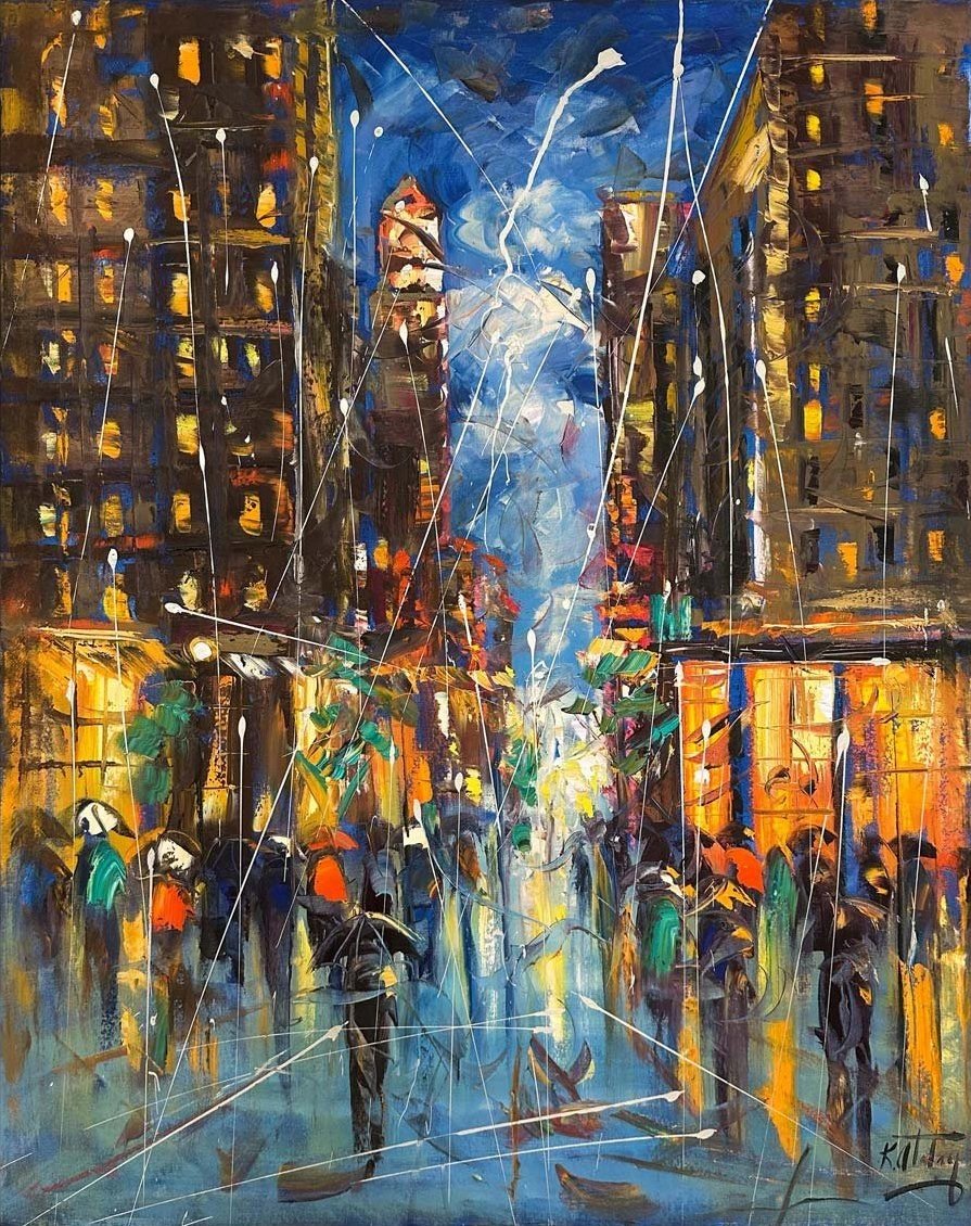 Şehir Gece Işıltısı Yağlı Boya Tablosu