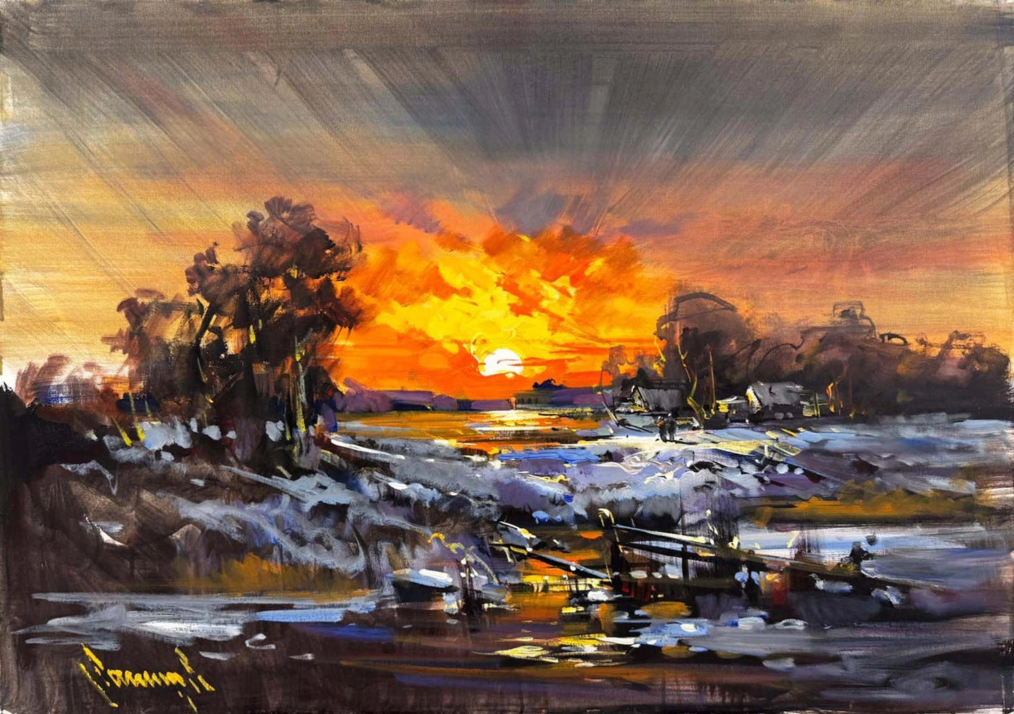 Sulara Düşen Akşam Yağlı Boya Tablosu