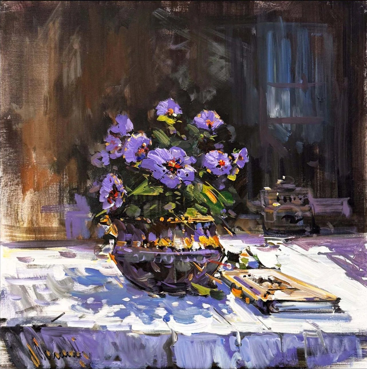 Vozada Mor Menekşeler Yağlı Boya Tablosu