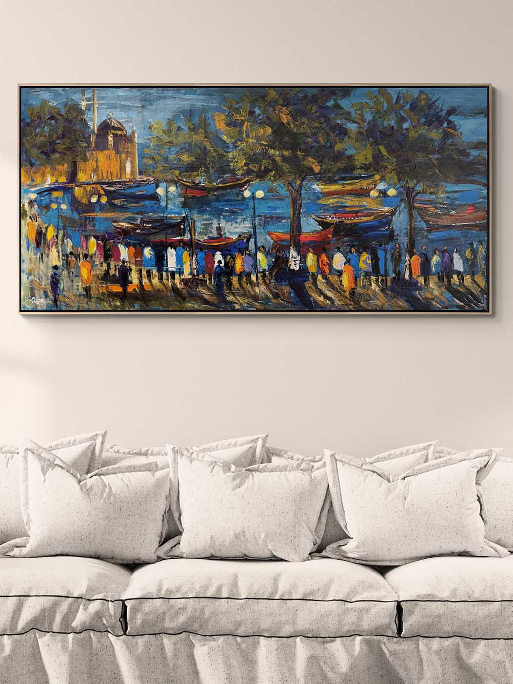 Ortaköyde Tekneler ve İnsanlar Yağlı Boya Tablosu