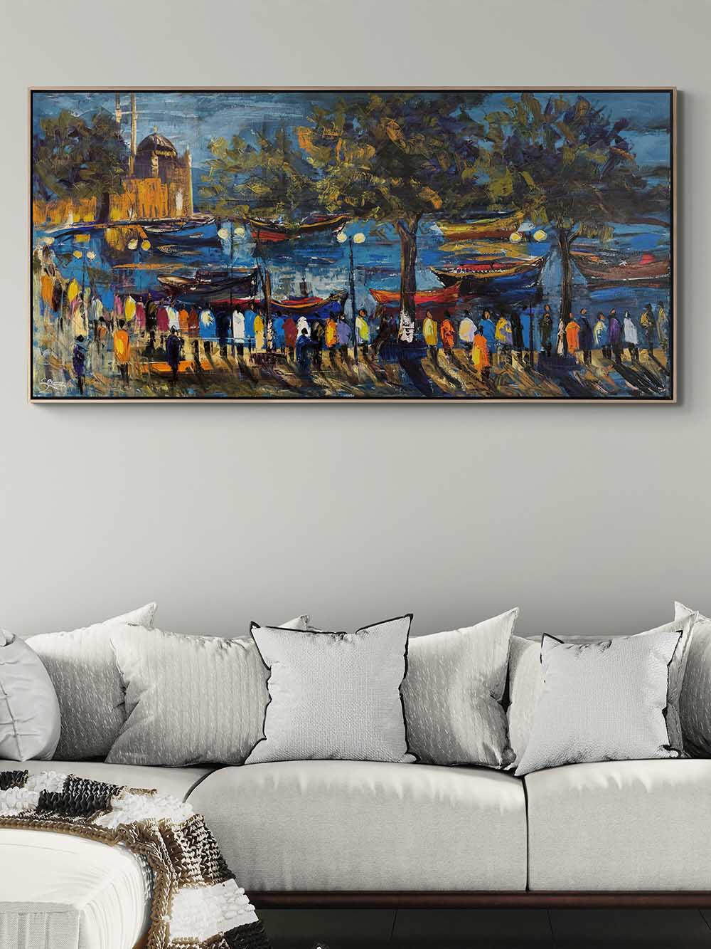 Ortaköyde Tekneler ve İnsanlar Yağlı Boya Tablosu
