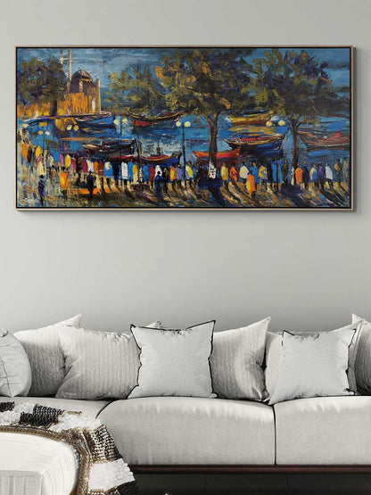 Ortaköyde Tekneler ve İnsanlar Yağlı Boya Tablosu