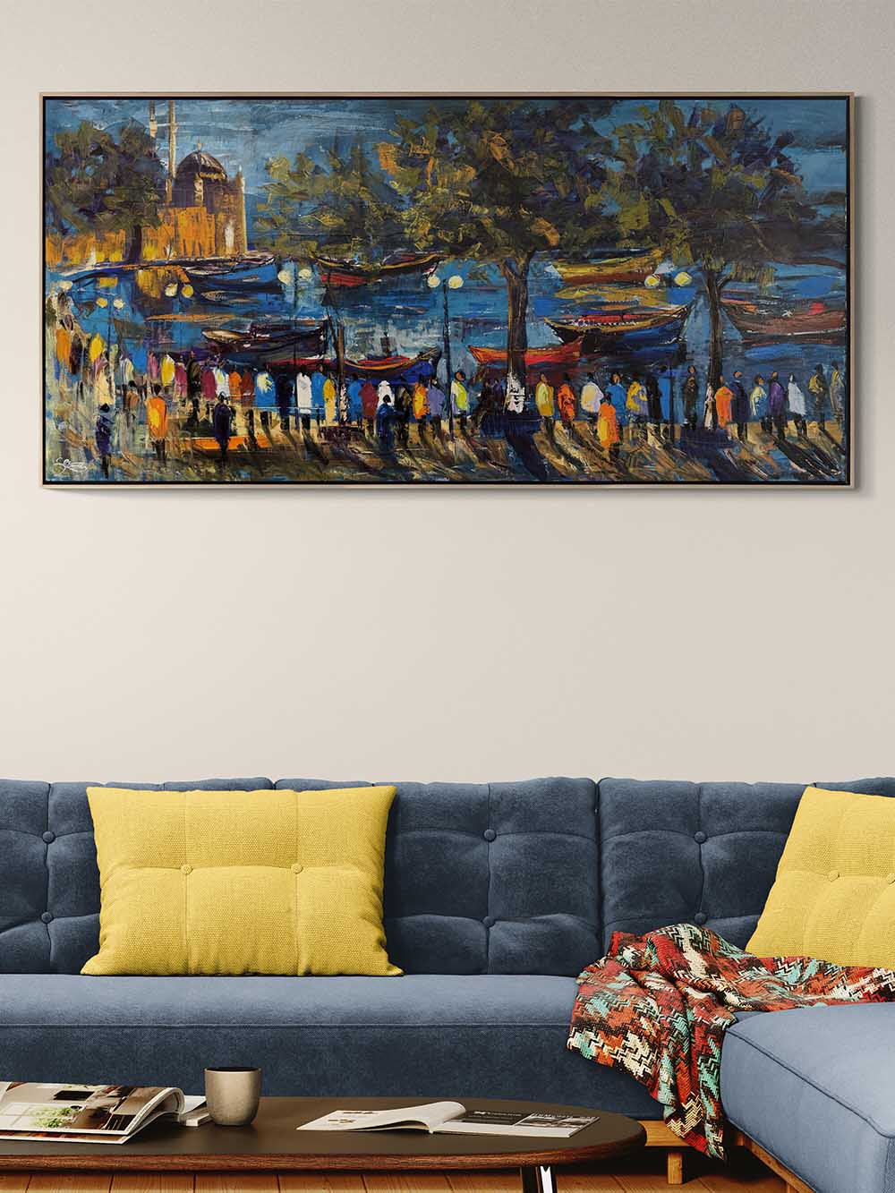 Ortaköyde Tekneler ve İnsanlar Yağlı Boya Tablosu