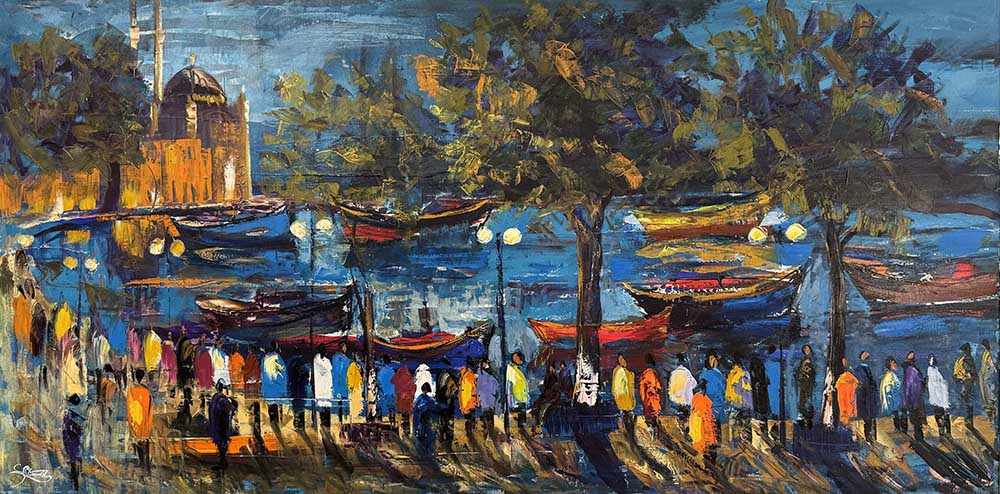 Ortaköyde Tekneler ve İnsanlar Yağlı Boya Tablosu