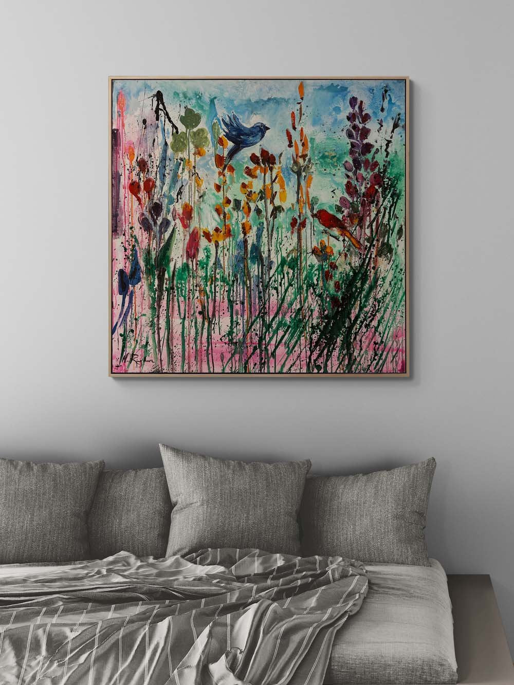 Renkli Düşlerde Kuşlar Yağlı Boya Tablosu