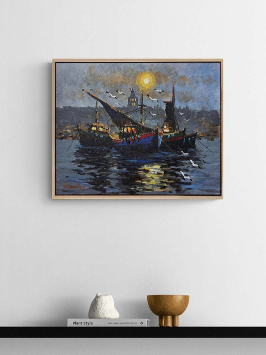 İstanbul Boğazı'nda Gece Yağlı Boya Tablosu