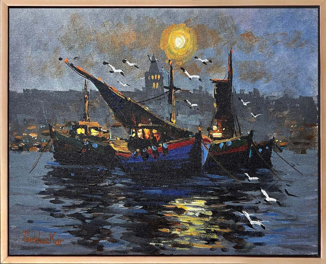 İstanbul Boğazı'nda Gece Yağlı Boya Tablosu