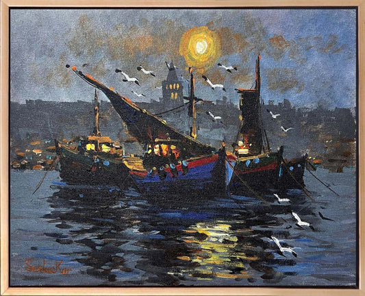 İstanbul Boğazı'nda Gece Yağlı Boya Tablosu