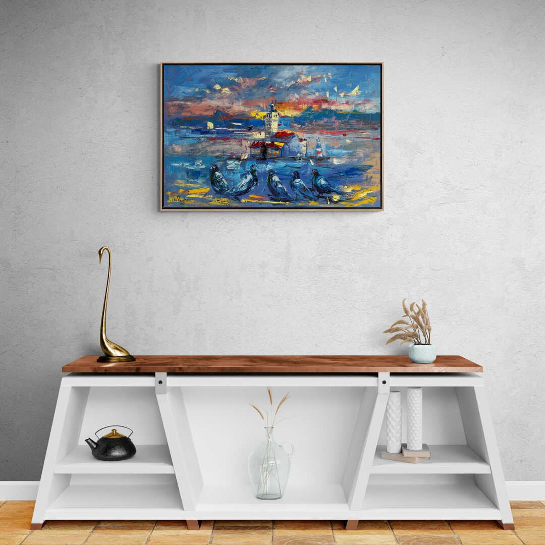 Kız Kulesi'nin Kuşlarla Melodisi Yağlı Boya Tablosu