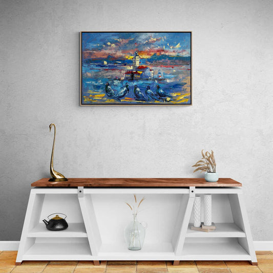 Kız Kulesi'nin Kuşlarla Melodisi Yağlı Boya Tablosu