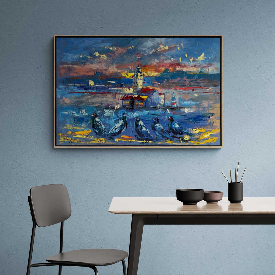 Kız Kulesi'nin Kuşlarla Melodisi Yağlı Boya Tablosu