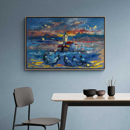 Kız Kulesi'nin Kuşlarla Melodisi Yağlı Boya Tablosu