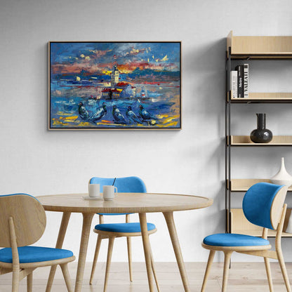 Kız Kulesi'nin Kuşlarla Melodisi Yağlı Boya Tablosu