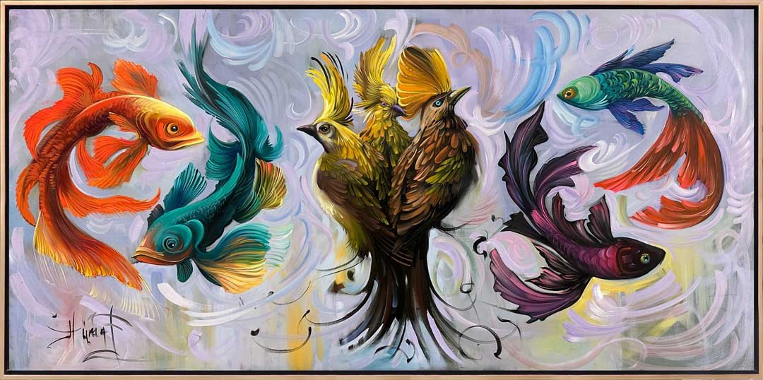 Zamansız Uyum Kuşlar ve Balıkların Dansı Yağlı Boya Tablosu