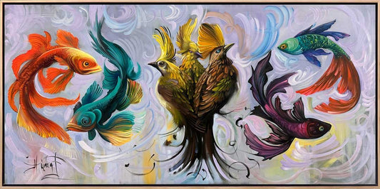 Zamansız Uyum Kuşlar ve Balıkların Dansı Yağlı Boya Tablosu