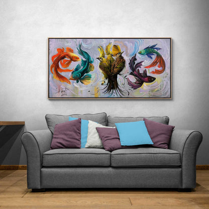 Zamansız Uyum Kuşlar ve Balıkların Dansı Yağlı Boya Tablosu