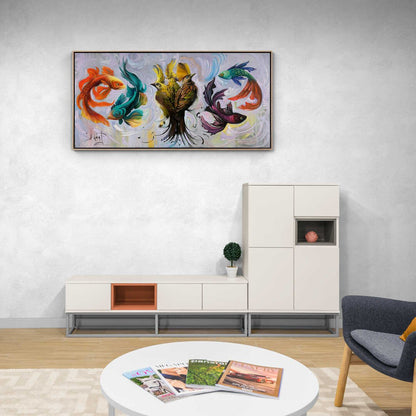 Zamansız Uyum Kuşlar ve Balıkların Dansı Yağlı Boya Tablosu