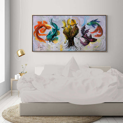 Zamansız Uyum Kuşlar ve Balıkların Dansı Yağlı Boya Tablosu