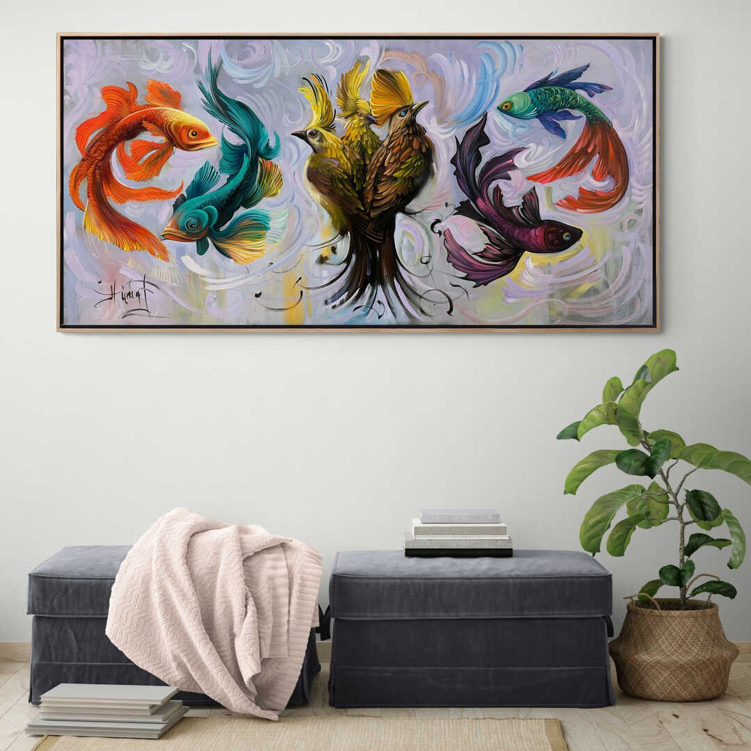 Zamansız Uyum Kuşlar ve Balıkların Dansı Yağlı Boya Tablosu