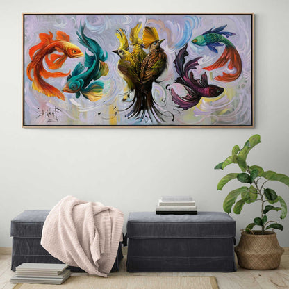 Zamansız Uyum Kuşlar ve Balıkların Dansı Yağlı Boya Tablosu