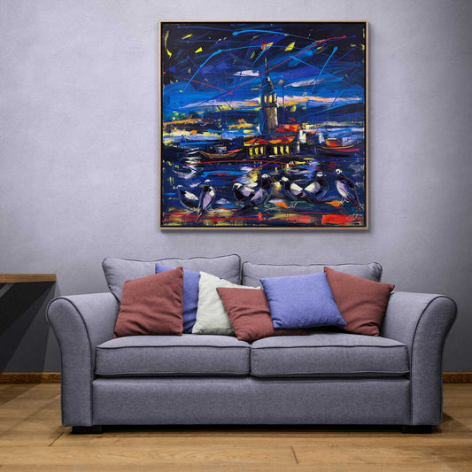 Ay Işığında Kız Kulesi Yağlı Boya Tablosu