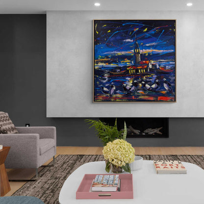 Ay Işığında Kız Kulesi Yağlı Boya Tablosu