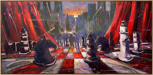 Satrançta Kırmızı Perde Yağlı Boya Tablosu