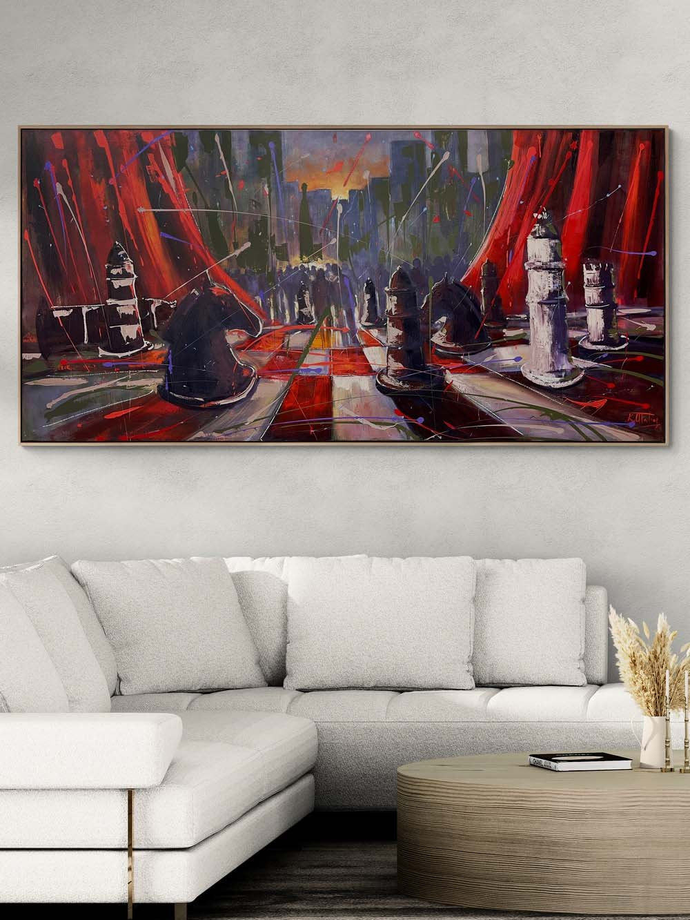 Satrançta Kırmızı Perde Yağlı Boya Tablosu