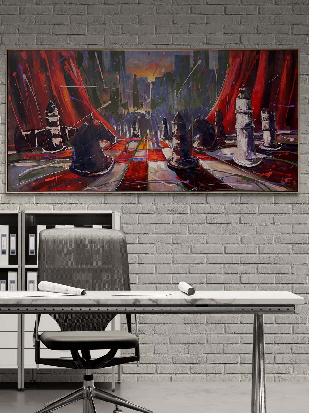 Satrançta Kırmızı Perde Yağlı Boya Tablosu