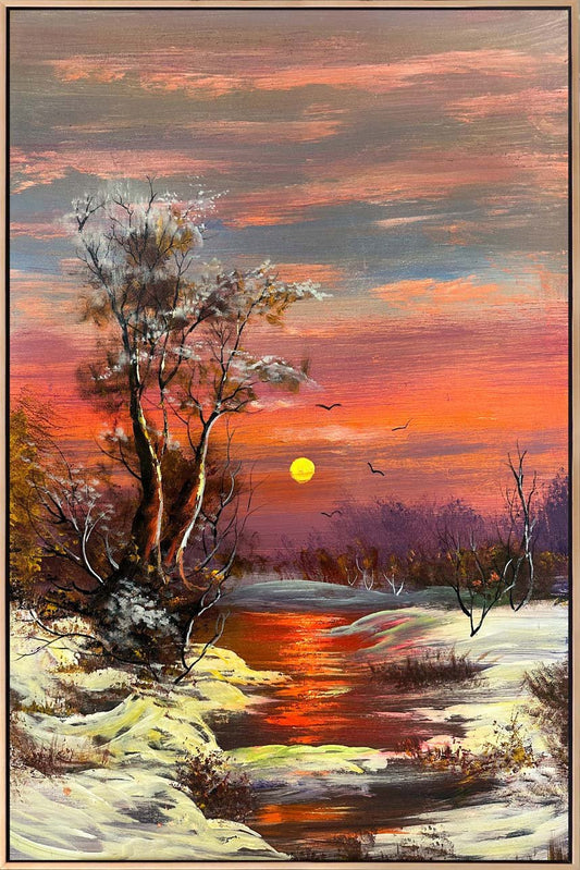 Dere Kenarında Kar Manzarası Yağlı Boya Tablosu