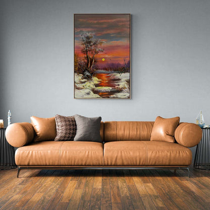 Dere Kenarında Kar Manzarası Yağlı Boya Tablosu