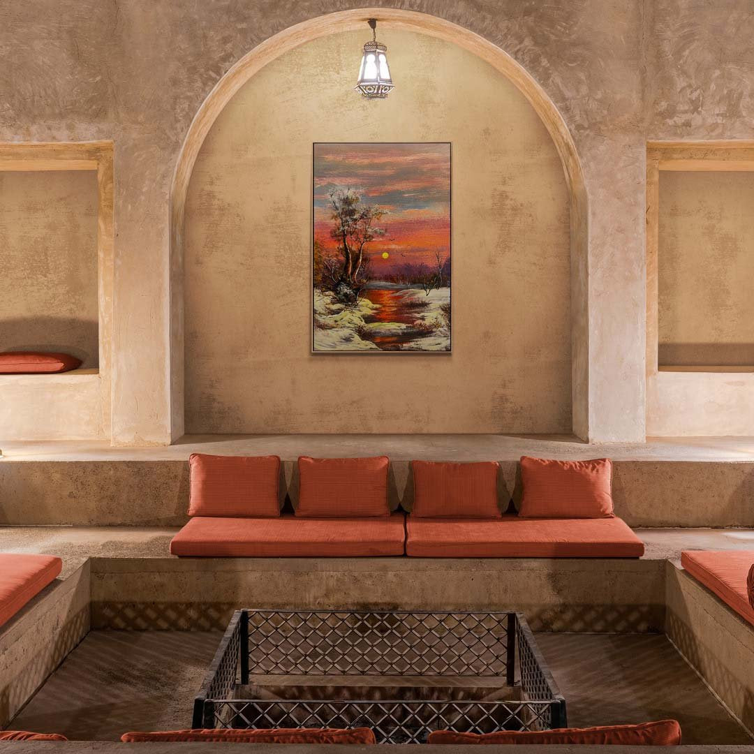 Dere Kenarında Kar Manzarası Yağlı Boya Tablosu