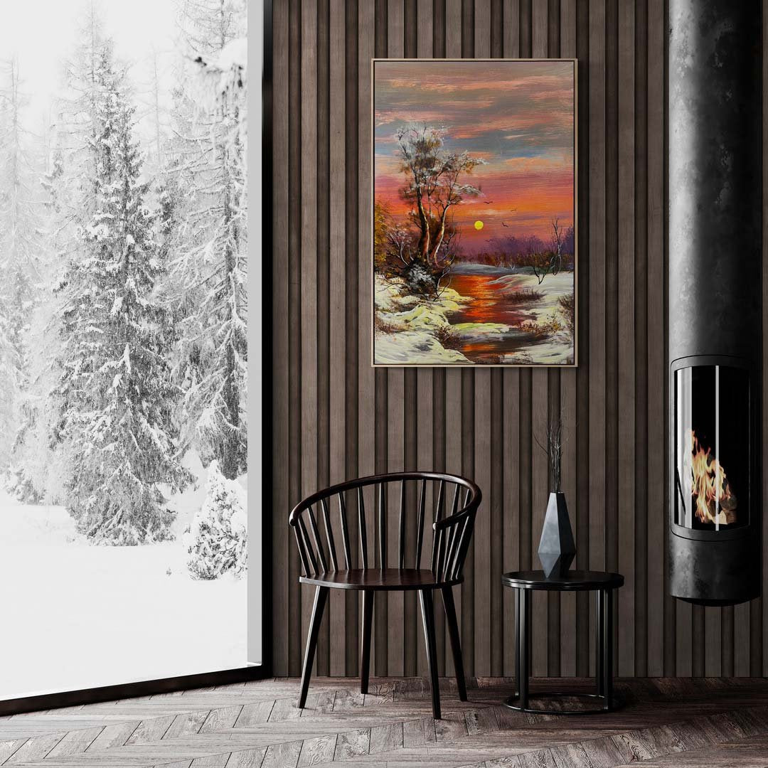 Dere Kenarında Kar Manzarası Yağlı Boya Tablosu