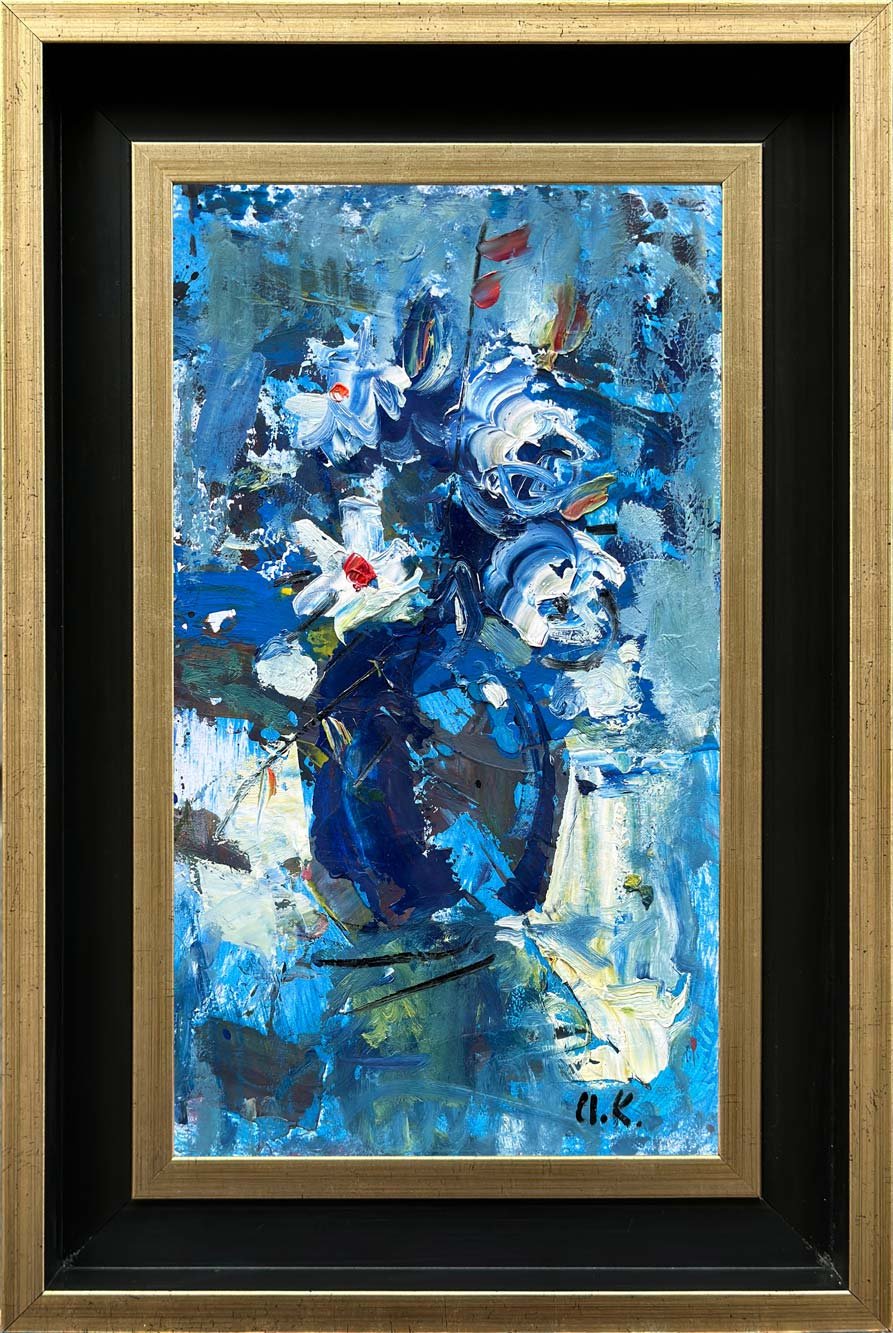 Mavi Vazo Çiçekleri Yağlı Boya Tablosu