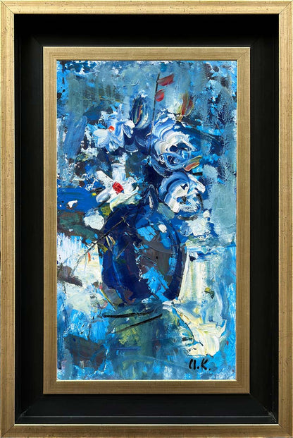 Mavi Vazo Çiçekleri Yağlı Boya Tablosu