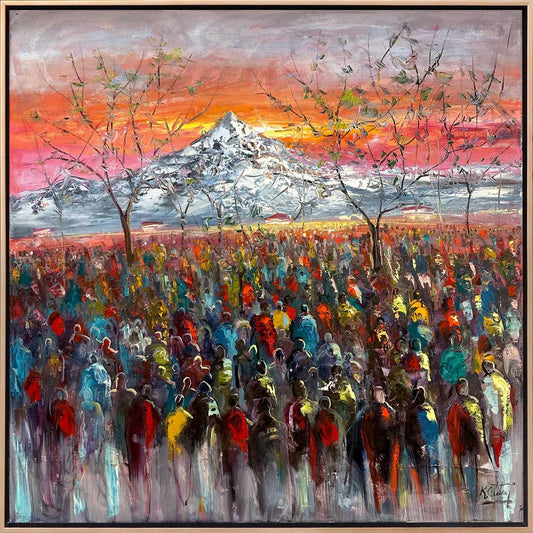 Renkli Kalabalık ve Dağın Buluşması Yağlı Boya Tablosu