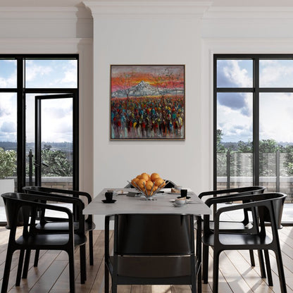 Renkli Kalabalık ve Dağın Buluşması Yağlı Boya Tablosu