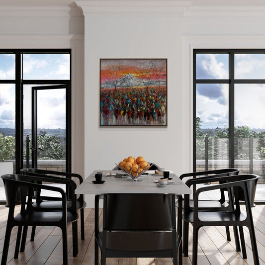 Renkli Kalabalık ve Dağın Buluşması Yağlı Boya Tablosu