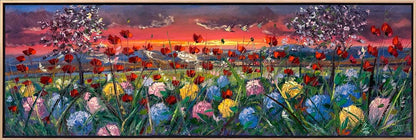 Günbatımında Gelincik ve Ortanca Bahçesi Yağlı Boya Tablosu