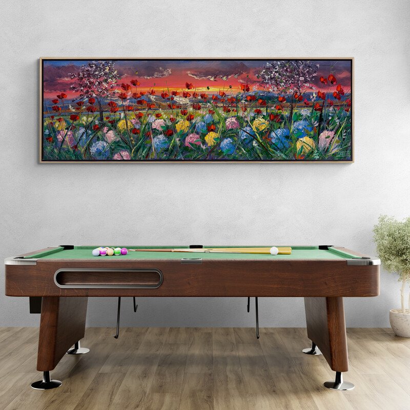 Günbatımında Gelincik ve Ortanca Bahçesi Yağlı Boya Tablosu