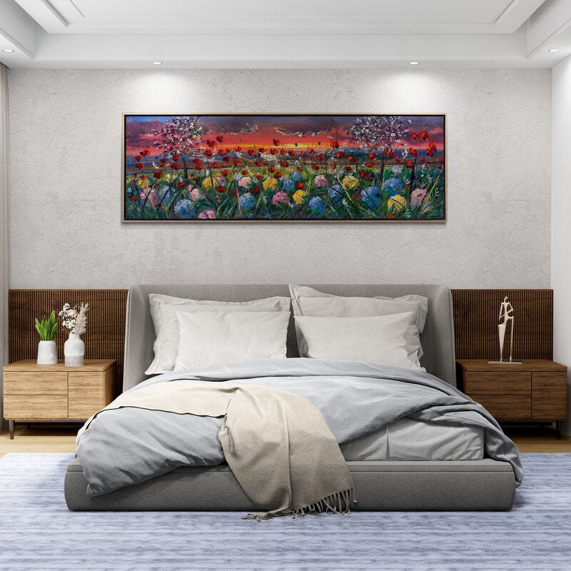 Günbatımında Gelincik ve Ortanca Bahçesi Yağlı Boya Tablosu