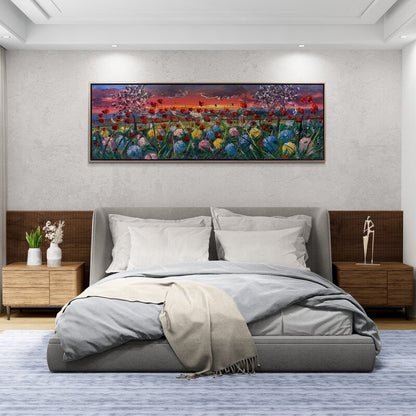 Günbatımında Gelincik ve Ortanca Bahçesi Yağlı Boya Tablosu