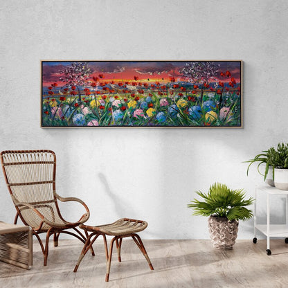 Günbatımında Gelincik ve Ortanca Bahçesi Yağlı Boya Tablosu