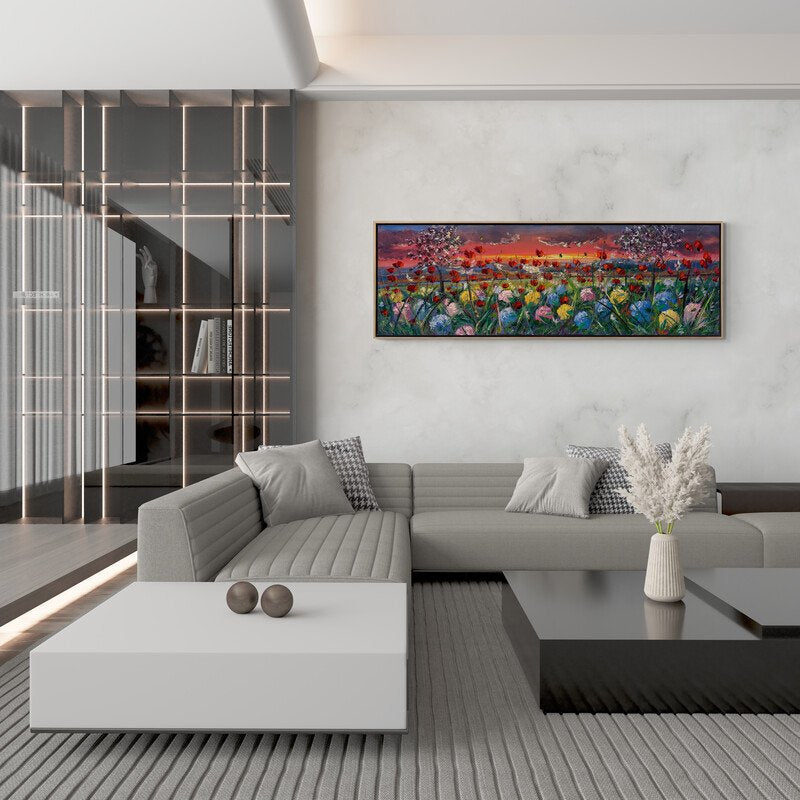 Günbatımında Gelincik ve Ortanca Bahçesi Yağlı Boya Tablosu